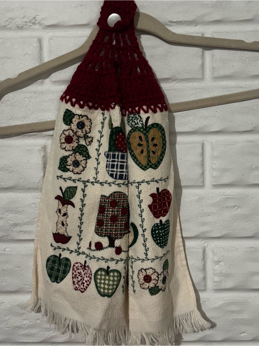 Vintage Hand Dish Towel Kitchen Crocheted Hanging Button Top Apples Country